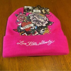 NWT Ed Hardy 2-Pack Beanie Set Pink & Black Love Kills Slowly Rhinestone Y2